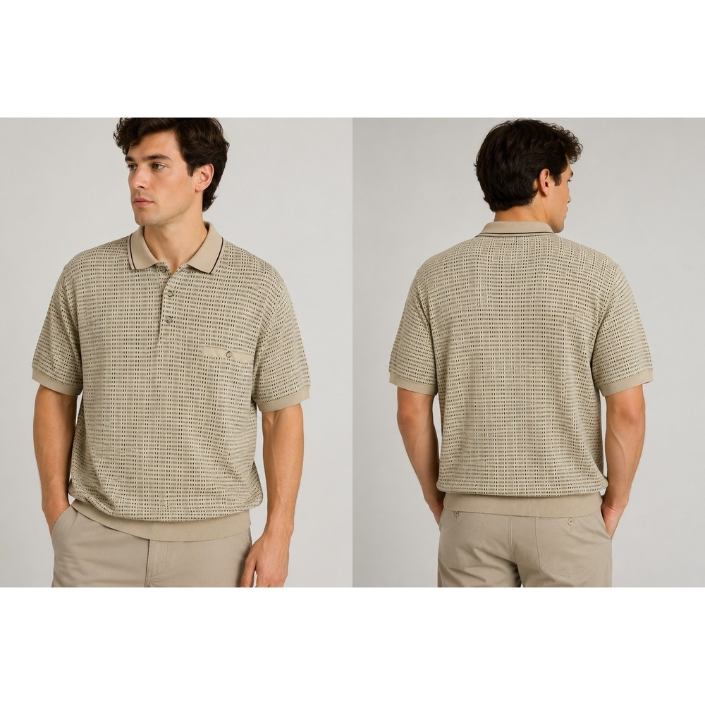 Towncraft Men's Beige Patterned Knit Polo Shirt Button Pocket Short Sleeve Size